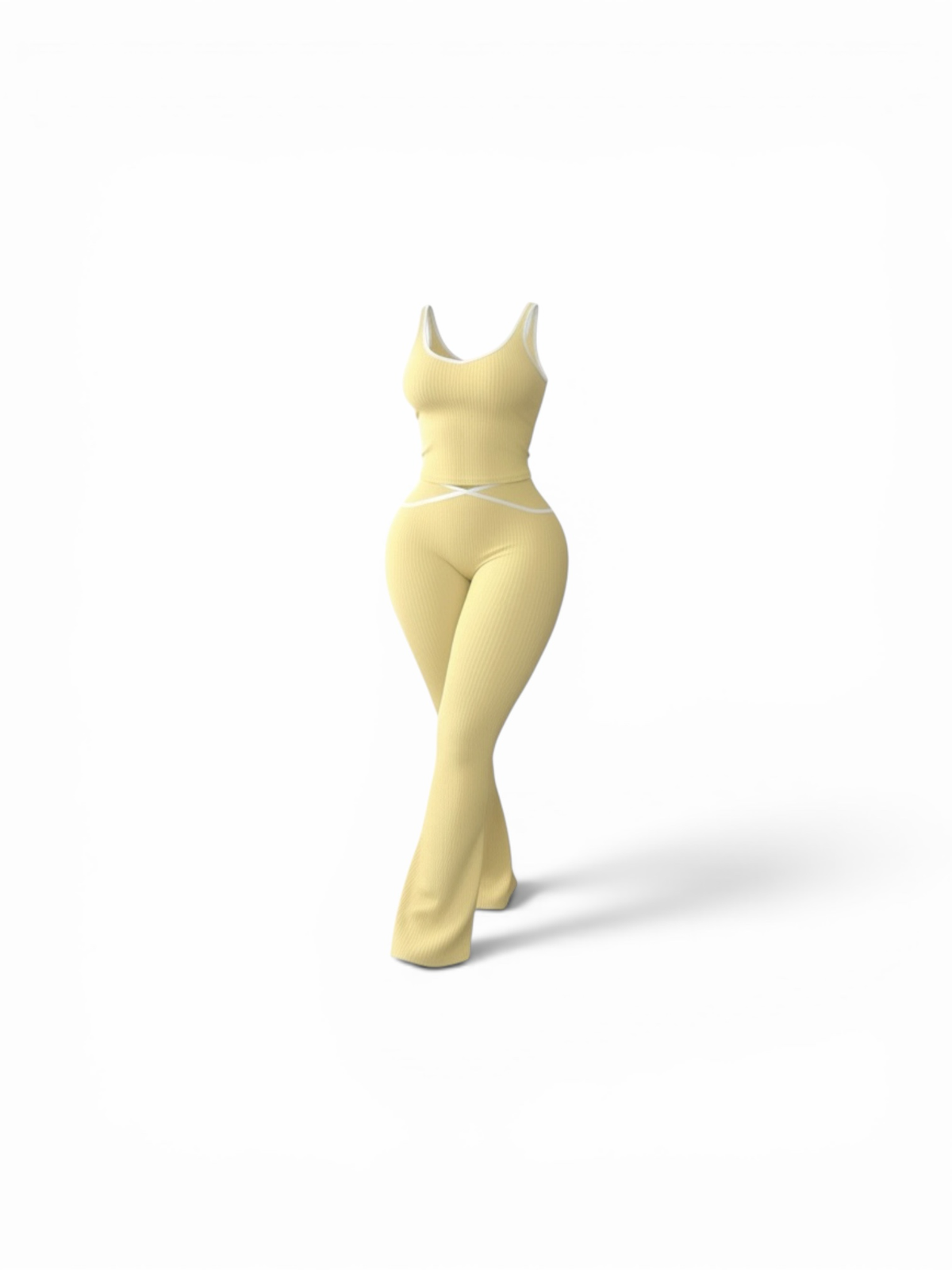 TASTEYBOUTIQUE pastel yellow ribbed knit tank top and flared pants set with white trim
