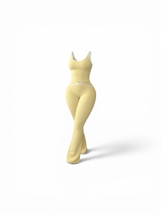 TASTEYBOUTIQUE pastel yellow ribbed knit tank top and flared pants set with white trim